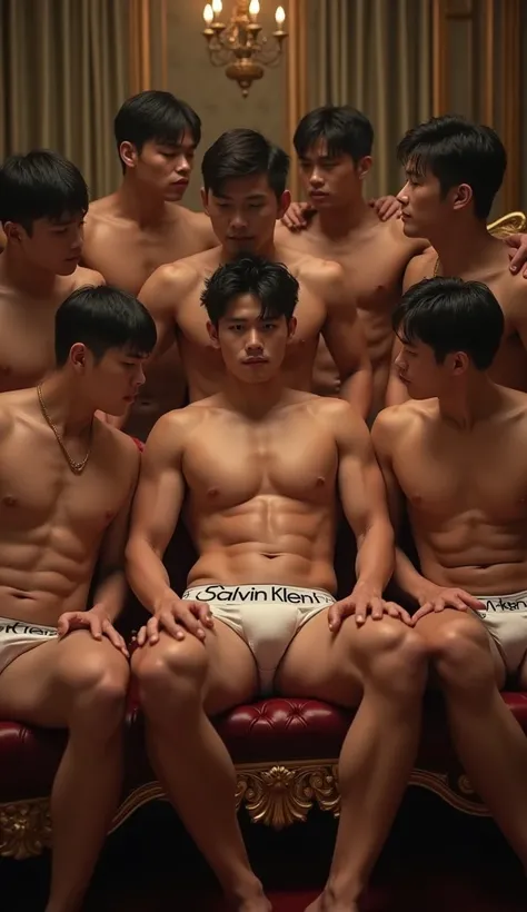 Handsome Korean young man wearing Calvin Klein underwear sitting on the Royal sofa accompanied by six-pack skinny men wearing only underwear, the concept of a kingdom with many husbands, passionate and lustful, sweating