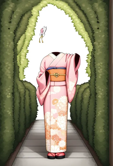 "A faceless figure in a traditional Japanese kimono takes a selfie in a tranquil Japanese garden. The kimono is light grey with pink floral patterns and an orange obi belt. The lush green trees, manicured bushes, and classical Japanese architecture line th...