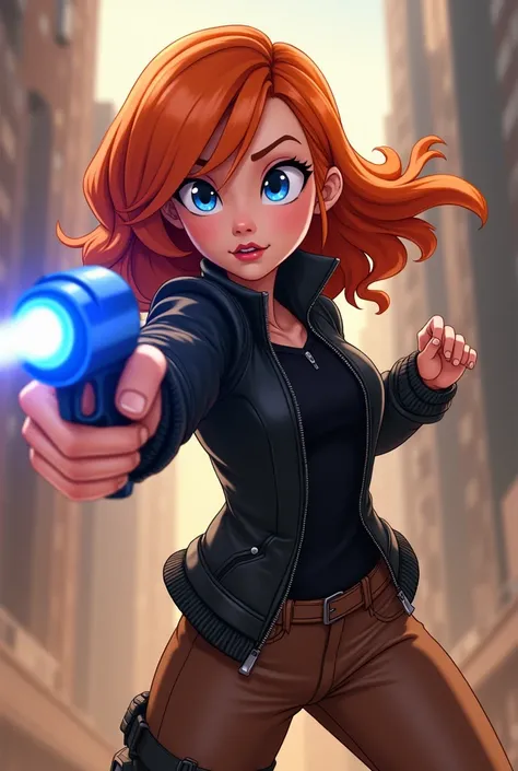 From Disney In Infinity Anime Style Kimberly Ann Possible With Blue Gun In Mini Fight Orange Hair Cool Evil Black Jacket Zip Brown Pants 