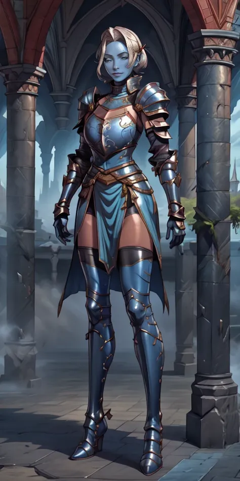 full body, def_effie, blue breastplate, blue skin, looking at viewer, shiny,armor, thighhighs, high boots,shoulder armor, faulds, poleyn, gloves, gauntlets