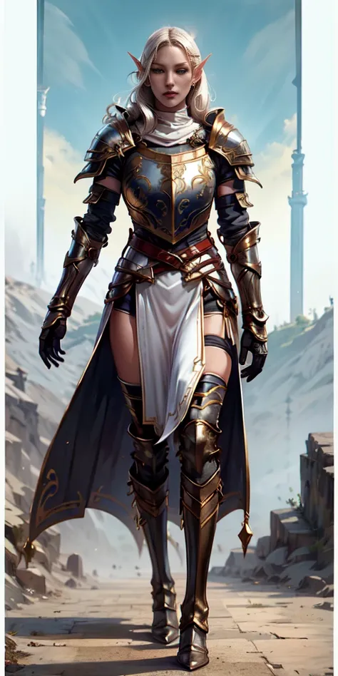 masterpiece, best quality, high quality, white SKIN elf, long hair, white hair, yellow eyes, full body, def_effie, blue breastplate, white skin, looking at viewer, shiny, armor, thigh highs, high boots, shoulder armor, faulds, poleyn, gloves, gauntlets