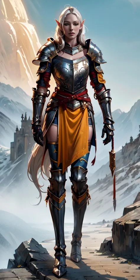 masterpiece, best quality, high quality, white SKIN elf, long hair, white hair, yellow eyes, full body, def_effie, blue breastplate, white skin, looking at viewer, shiny, armor, thigh highs, high boots, shoulder armor, faulds, poleyn, gloves, gauntlets