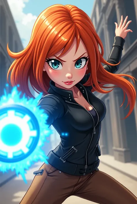 From Disney In Infinity Anime Style Kimberly Ann Possible With Blue Weapon In Mini Fight Kung Orange Hair Cool Evil Black Jacket Zipper Brown Pants 