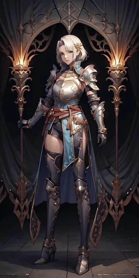 full body, def_effie, blue breastplate, blue skin, looking at viewer, shiny,armor, thighhighs, high boots,shoulder armor, faulds, poleyn, gloves, gauntlets