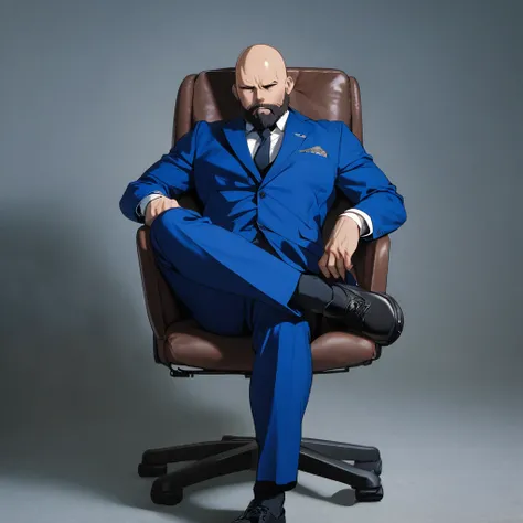 a bald brutal bearded man in a blue suit sits casually in a chair