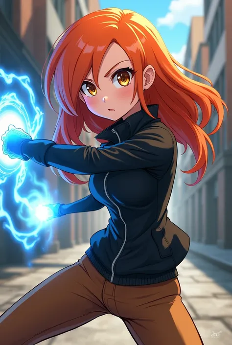 From Disney In Infinity Anime Style Kimberly Ann Possible With Blue Weapon In Mini Fight Kung Orange Hair Cool Evil Black Jacket Zipper Brown Pants 