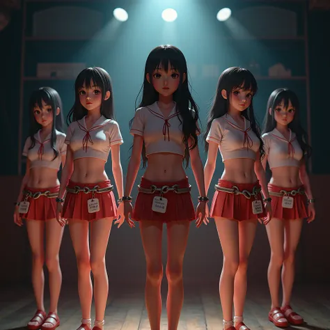 (Live-Action, Real Fantasy), from Diagonal ExtremelyDetailed Very KAWAII JK with Innocence, Shackles, Yoke, PriceTags, Hourglass-Shaped Body.  (Spectacular Reflection), Luminism, (Realistic Raw ProfessionalPhoto:1.6)LifeLike Rendering, PerfectLighting. Sev...