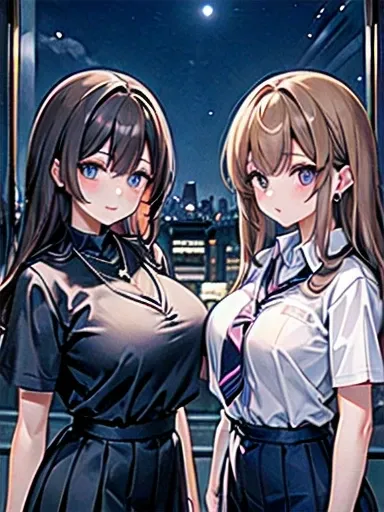 Two adult female office workers wearing high school uniforms.、Anime-style illustrations for men、Tokyo riverside late at night、Lob hairstyle with dark brown highlights and light brown hair、tall、Sapphire earrings and necklace、Night sky and night view、Eyes ar...