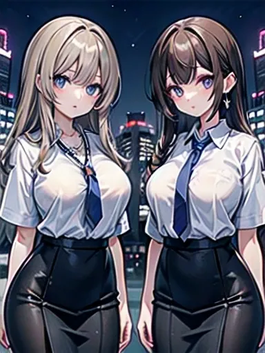 Two adult female office workers wearing high school uniforms.、Anime-style illustrations for men、Tokyo riverside late at night、Lob hairstyle with dark brown highlights and light brown hair、tall、Sapphire earrings and necklace、Night sky and night view、Eyes ar...