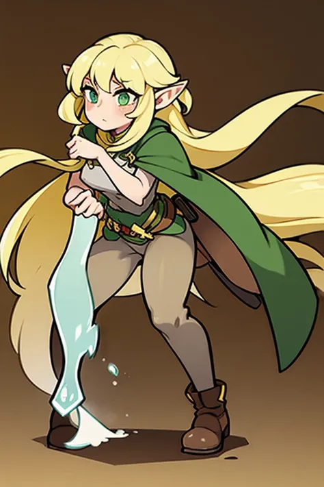 Female half-elf with long blonde hair and green eyes, full body, green and brown cape, brown pants