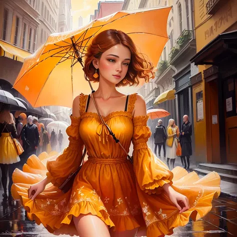 close up of woman in yellow dress, holding an umbrella, amazing art style, a picture of beauty, super realistic Painting style, orange hue, bright, but dull orange, orange tones, realistic Painting style, orange yellow ethereal, beautiful yellow woman, bri...