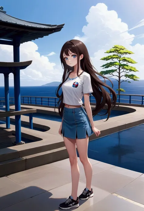 beautiful woman, standing at platform house on nice sky day, nice clouds, sea on background, she has long straight hair (forehead), wearing white short sleeves t-shirt, stacked over with light pastel-blue camisole, azure-blue denim pencil mini skirt, black...