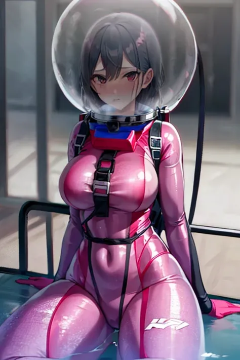 a girl in diving suit,Bikini wetsuit, fully exposed midriff, bare waist,cowboy-shot, Under deep water，The body is wet，((in deep sea))，Transparen oxygen helmet,Transparent full-face helmet ,((bikini top)),((metal Bikini armor)), sexy exposed midriff, full m...