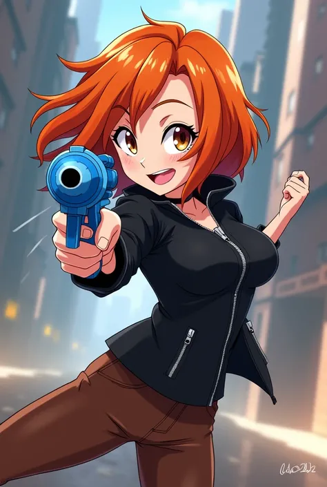 From Disney In Infinity Anime Style Kimberly Ann Possible With Blue Gun In Mini Fight Orange Hair Cool Evil Black Jacket Zip Brown Pants 