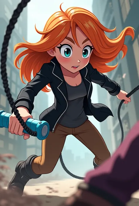 From Disney In Infinity Anime Style Kimberly Ann Possible With Blue Weapon In Mini Fight With A Rope Orange Hair Cool Evil Black Jacket Zipper Brown Pants 