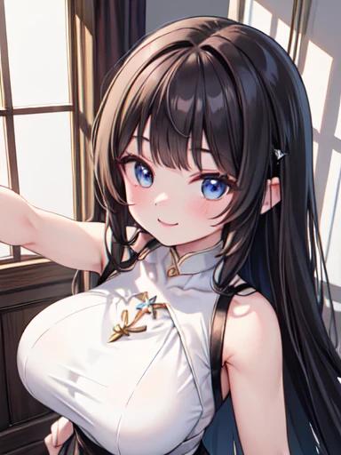 ((masterpiece)), ((Best Quality)), (Super detailed), ((cute)), ((Cinematic Light)), ((Very detailed)), (8k), Best Quality, (beautiful), Anime Style, Upper Body, (From above), cute女の子, One girl, Alone, (smile), beautiful brown hair, beautiful blue eyes)), W...