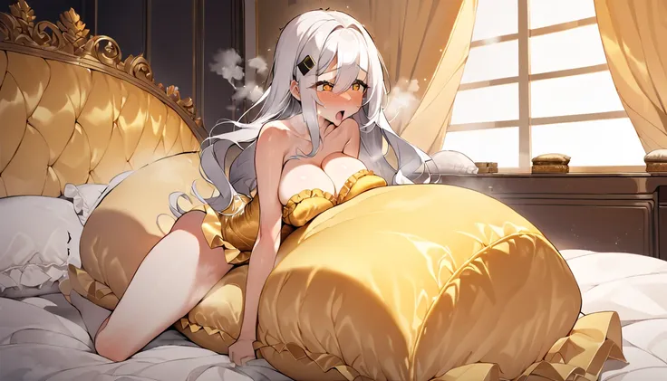 （A woman, flowing white hair, melancholy eyes, yellow pupils, black diamond-shaped hairpin, Cute girl posing on golden silk pillow, frilled golden silk pillow，many golden silk pillows on background, Pillow，steam，(Luxury silk Pillow)，pillow humping，humping,...