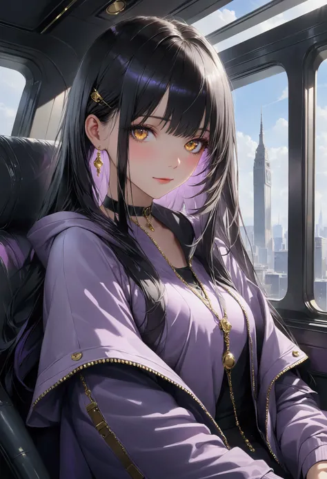 Long smooth straight black hair, inner colored dark-purple hair, golden eyes,sitting in jk clothes, masterpiece, super detail, best quality, 8k,realistic