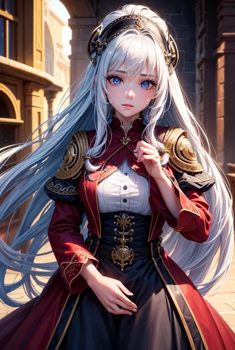 a beautiful girl with long lilas  hair, blu eyes, wearing a red pirate outfit, large and prominent breasts, detailed intricate face, long braided hair, photorealistic, high quality, 8k, masterpiece, (best quality,4k,8k,highres,masterpiece:1.2),ultra-detail...