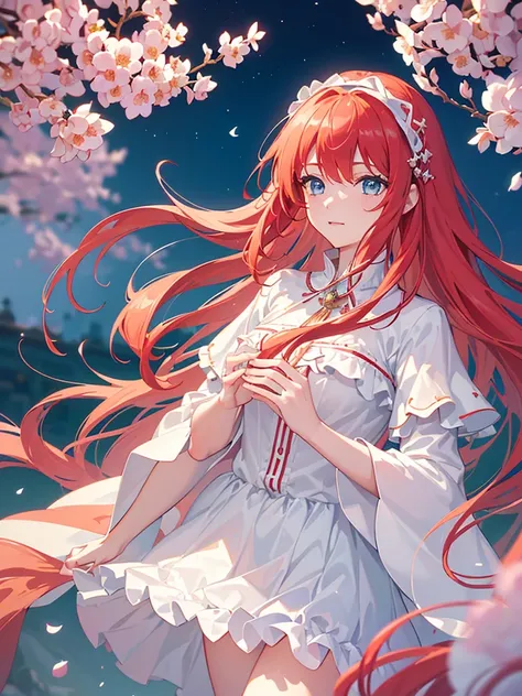 (CG unity 8k wallpaper highly detailed) (Better Quality) (Better lighting) (an extremely delicate and beautiful) (floating) (beautiful) (spring atmosphere) (One girl) (Long Red Hair), (Hairbands),((Peaceful everyday life)),Palace Gardens ,(detailed and bea...