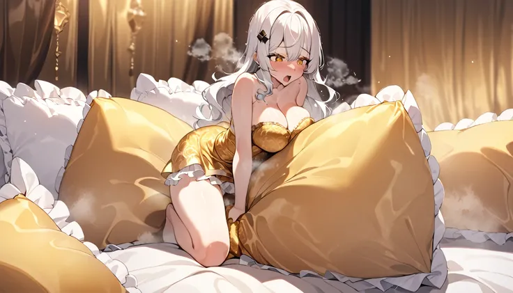 （A woman, flowing white hair, melancholy eyes, yellow pupils, black diamond-shaped hairpin, Cute girl posing on golden silk pillow, frilled golden silk pillow，many golden silk pillows on background, Pillow，steam，(Luxury silk Pillow)，pillow humping，humping,...