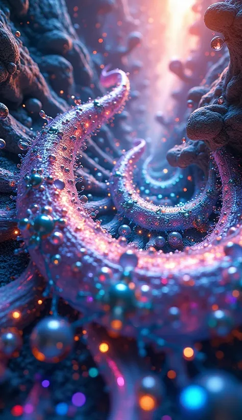 a highly complex, abstract, and mesmerizing fractal art with glowing neon-like rainbow colors and transparent holographic elements, a stunning fusion of ethereal luminescence and prismatic aesthetics, creating a breathtakingly beautiful and epic new world ...