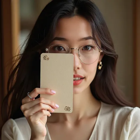 A mature Chinese lady in glasses, age 30 years old, pink fingernails, elegant long hair just past the shoulders, a simple silver wedding ring on left hand, holding a large and exquisite card between her thumb and index finger, 2 small hearts on the card. a...