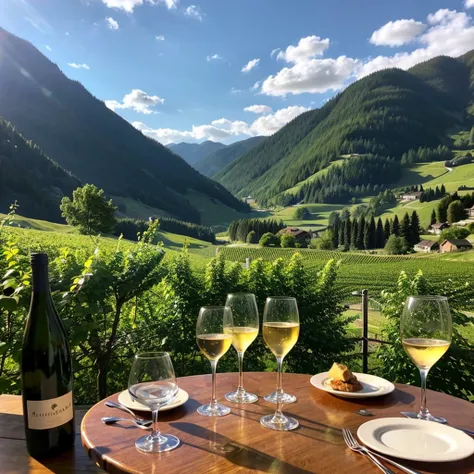 (Realistic, 超Realistic:1.4), 16K HDR, Real、SLR camera、High resolution,(Wine Glasses),(Wine bottle),(Champagneグラス)Spectacular view of the sunset sけy and clouds、Amazing mountain views、The Alps、European Scenery、Luxury、Wine Party、restaurant、table、Champagne、spa...