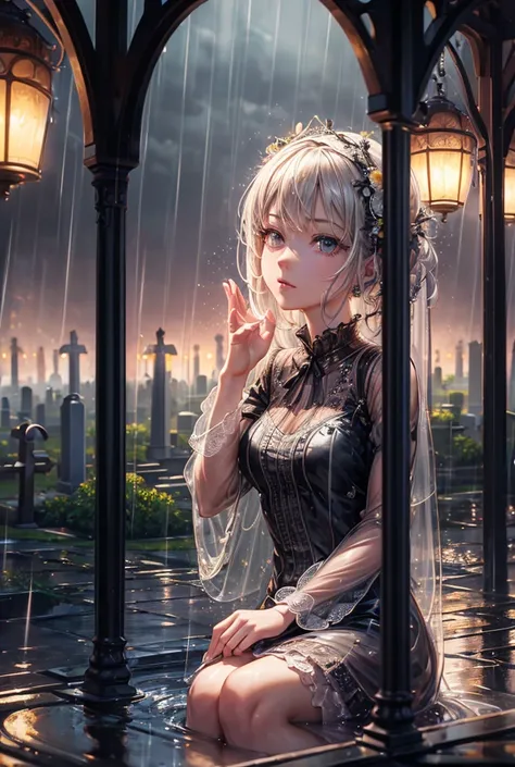 (extremely detailed CG rendering in 8k for wallpaper), a beautiful young woman in the rain, dress, sitting, cemetery with lanterns, style-empire, (Glass-Style), (((surrealism))), full_Body_outlet, dramatic, backlit, rays of light, volumetric lighting, deta...