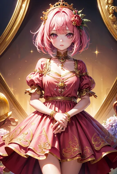 Beautiful 1 girl, masterpiece, better quality, 8K Animation, detailed fingers, precise fingers, Non-artificial hands, Illustration, 1 , Alone, pink bob short, Gold Crown, flower hair ornament, droopy eyes, Red mini skirt, you