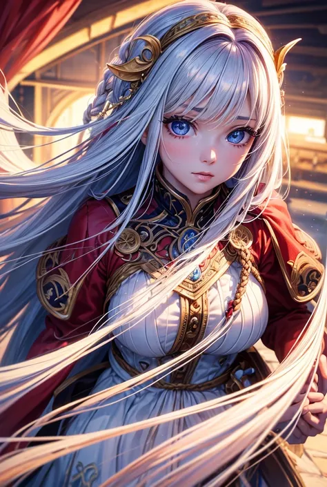 a beautiful girl with long lilas  hair, blu eyes, wearing a red pirate outfit, large and prominent breasts, detailed intricate face, long braided hair, photorealistic, high quality, 8k, masterpiece, (best quality,4k,8k,highres,masterpiece:1.2),ultra-detail...