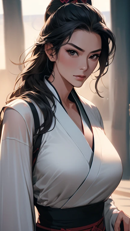 olo, highly detailed, cinematic highlight hair, (best quality), ((masterpiece)),1 woman,milf,female,adult,Hanfu, black hair,simple_background, bule eye, long hair,hanfu, peiyuhan, (gigantic_breasts),see-through,cleavage cutout,white cloth