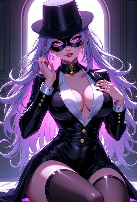 Young beautiful woman,(Best Quality,Extremely detailed depiction,Incredibly absurd high definition,Anatomically accurate,Curvy Legs,Detailed pupil,Porcelain-like skin,High quality anime drawings:2.0),(The Enchanting Thief:1.3),(Sexy phantom thief costume:2...