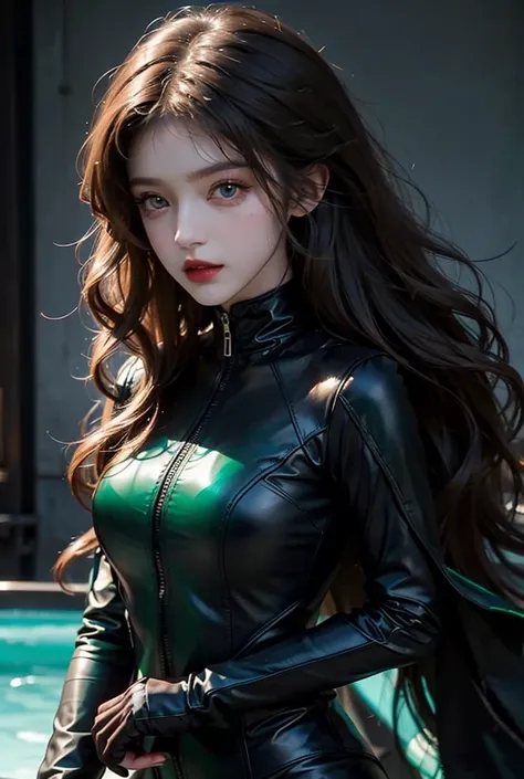 A girl in a dark leather tight suit with very long curly hair and bright emerald eyes 