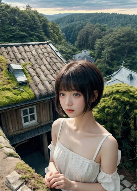 1 Female、、Short hair with bangs、Cute girl、Fairyland、In front of the little man&#39;s house、A house with a moss-covered roof and white clay walls、I can see the light from the window、White smoke coming out of the chimney、A stream flows、In the forest、Pale Moo...