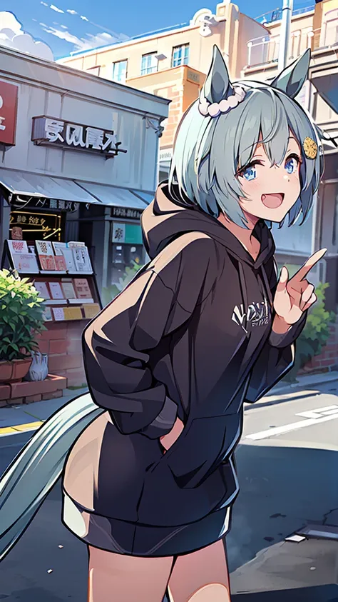 masterpiece, Best Quality, High resolution, Very detailed,(((Seiun Sky))), (((Horse Girl))), (((hoodie))), (((Standing at a distance))), (((Facing forward。))), (((Around town))), (((With the store front in the background))), (((Laughing。))), (((signboard))...