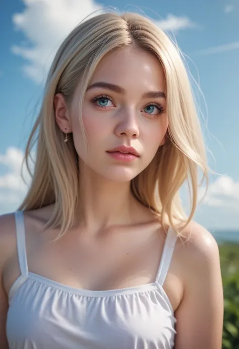 score_9, score_8_up, score_7_up, rating_safe, a woman standing still, her hair blowing in the breeze, a short-sleeved blouse, summer sky, clouds, a pale, soft touch, blurred contours, RAW photo, 