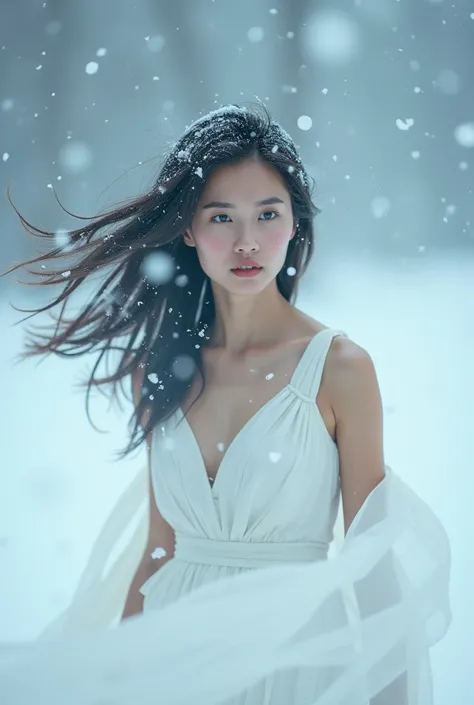 Details:
medium shot of a young Burmese-Laotian woman,
white dress , sleeveless, long hair , delicate features and long flowing hair, big breast, slim body
surrounded by snowstorm , snow flutters , wind , strom ,

her hair flutters in the wind and snow , S...