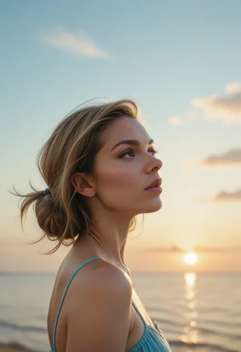 score_9, score_8_up, score_7_up, score_6_up, score_5_up, score_4_up, rating_safe, a woman standing still, her hair blowing in the breeze, summer sky, clouds, sunny day, RAW photo,