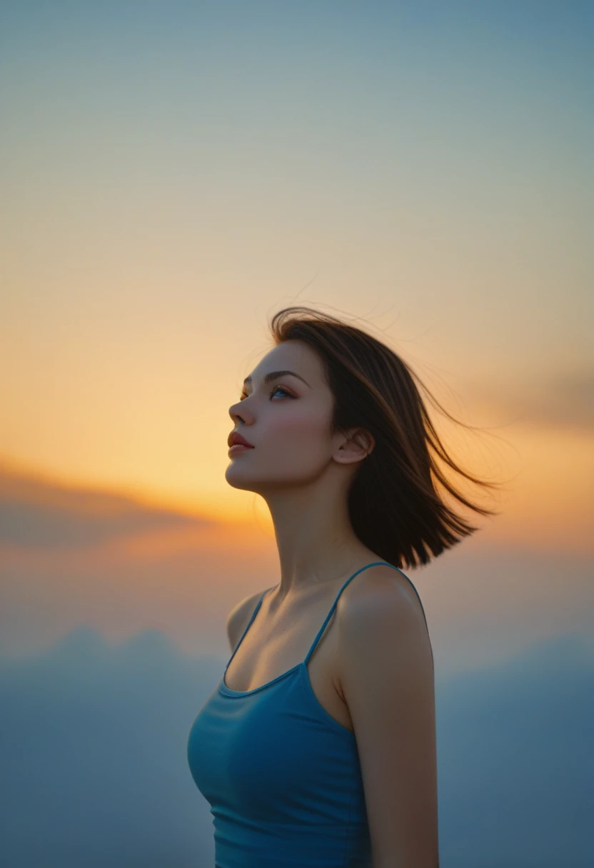 score_9, score_8_up, score_7_up, score_6_up, score_5_up, score_4_up, rating_safe, a woman standing still, her hair blowing in the breeze, summer sky, clouds, sunny day, RAW photo,