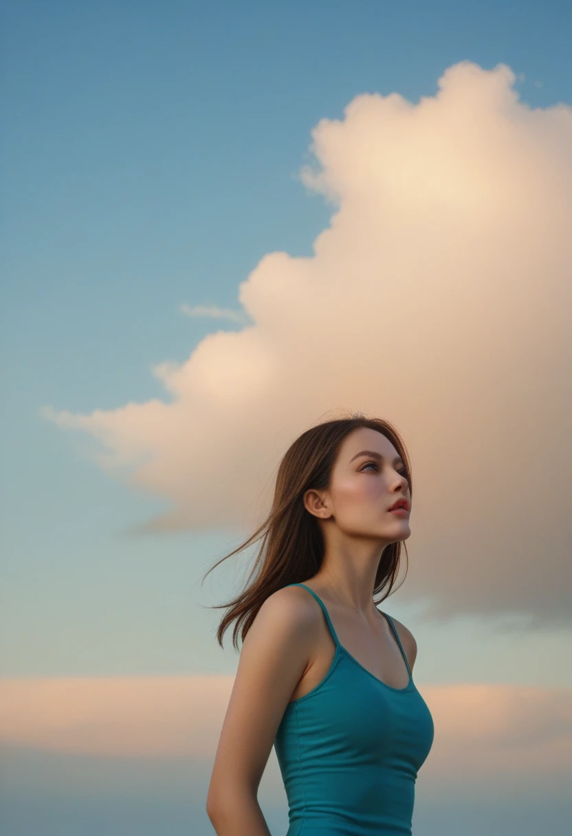 score_9, score_8_up, score_7_up, score_6_up, score_5_up, score_4_up, rating_safe, a woman standing still, her hair blowing in the breeze, summer sky, clouds, sunny day, RAW photo,