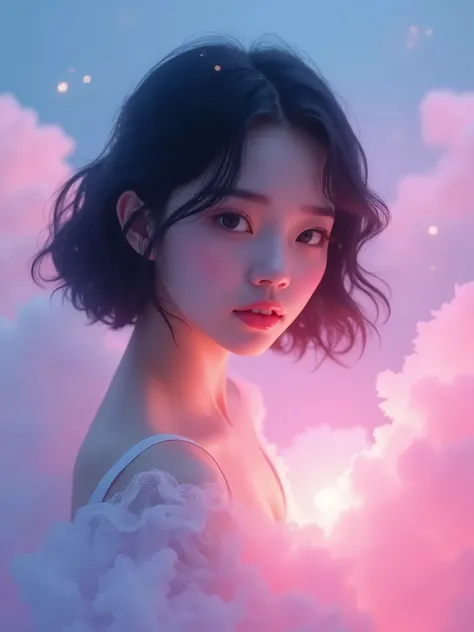 "A beautiful young woman with soft, delicate facial features and short, wavy dark hair. She is bathed in ethereal, dreamlike lighting, with soft pink and purple clouds surrounding her. The scene has a surreal, magical atmosphere, with glowing light reflect...