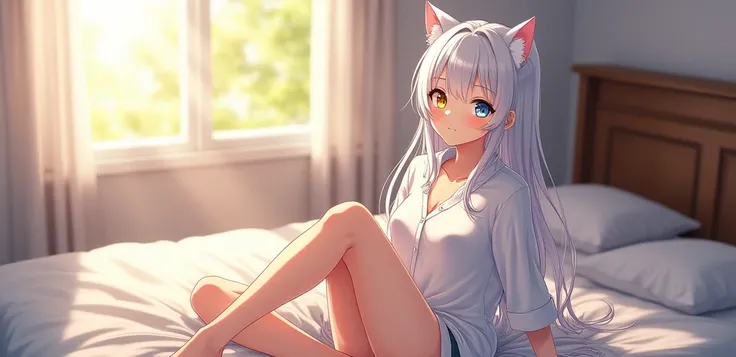 anime style ,One woman, long whitehair, heterochromia,yellow right eye,blue left eye, cat ears, solo,looking at viewer,beautiful,shy,smiling,in the bedroom,morning,cute,sunlight,boyfriend cutter shirt,white collared,bare foot,sitting on the bed,oversized s...