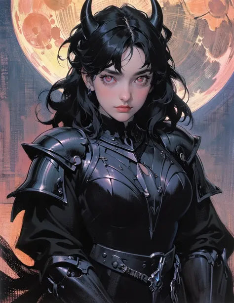 (best lighting) (best quality, masterpiece:1.2), (absurdres), 4k, (detailed eyes), (detailed face), alluring woman wearing heavy black armour with short black hair and ((glowing pink eyes)). Horns. She stands victorious in front of a towering gothic castle...