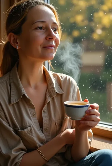 A woman drinking coffee by the window, steam rising in an autumn landscape, rain falling outside the window, detailed facial features, beautiful eyes, realistic, photorealistic, 8k, best quality, masterpiece, ultra-detailed, realistic lighting, cinematic, ...