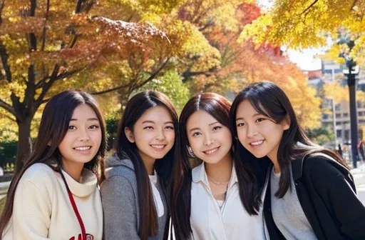 Group photo of four female college students。The background is a university building and autumn leaves.。The weather is sunny、Everyone is relaxed and relaxed.々A beautiful smile。
