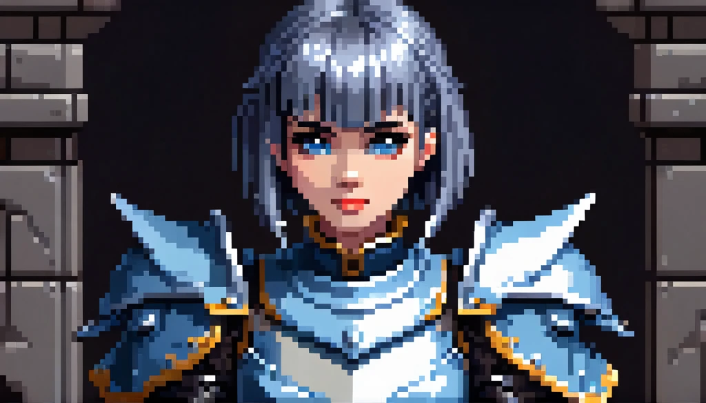 (Pixel art), dark, fantasy, rpg, game asset, cinematic picture young lady with grey-blue short hair with two bangs each side, Kind but strong, fierce and confident,wearing a heavy plate silver armor with light blue cloth