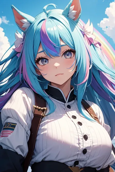 Horse Girl、Horse ears on head、Rainbow hair colour、Long Hair、cute expression、