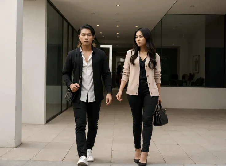 an Indonesian man and an Indonesian woman standing next to each other, an image, inspired by Adam Dario Keel, which is trending in the cg community, a handsome young Indonesian man with a beautiful young Indonesian woman with wavy hair, a man dressed in a ...