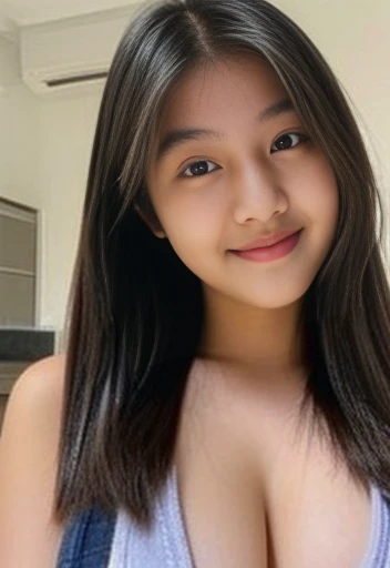 Cute Girl, fifteen years old, cute indonesian face, brown skin, innocent, happy, sharp eyes focus, sexy pose, cops, nipples